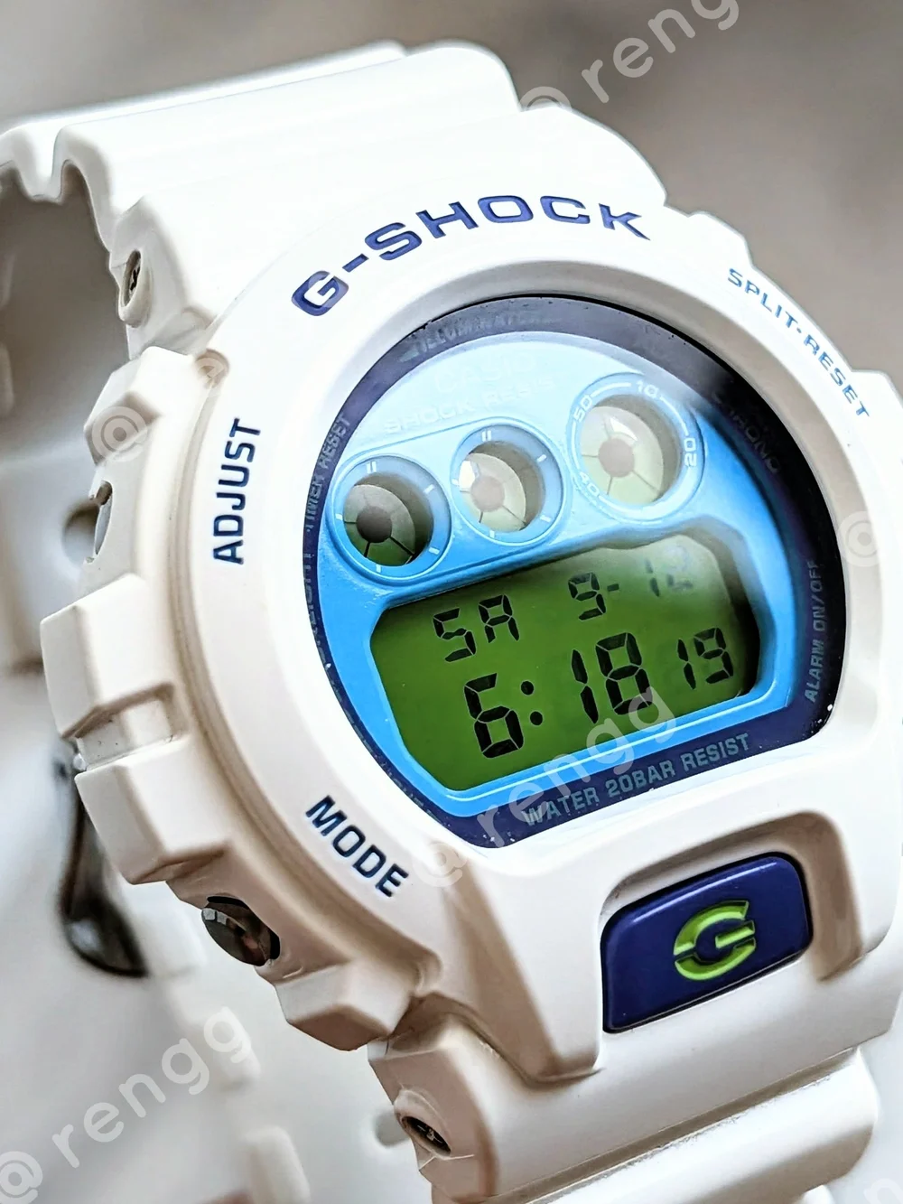 G-Shock White Resin Digital Watch with Blue Dial and Green Accents